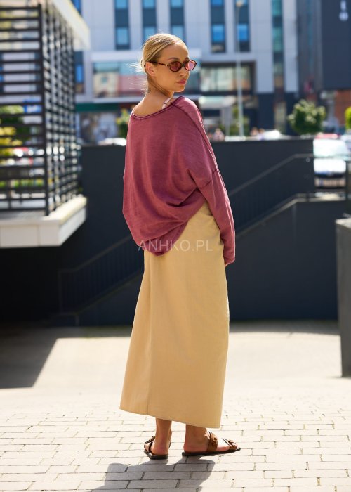 Różowa bluzka damska oversize z długim rękawem i nadrukiem Vintage, dekolt w serek, styl casual