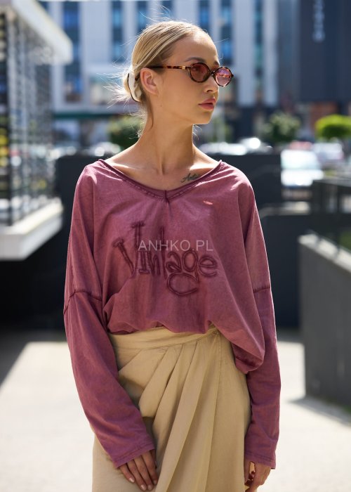 Różowa bluzka damska oversize z długim rękawem i nadrukiem Vintage, dekolt w serek, styl casual