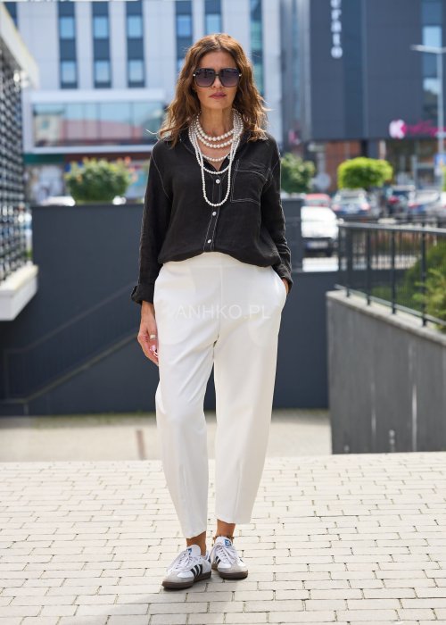 Czarna koszula lniana damska z długim rękawem i kieszenią, oversize, naturalny materiał