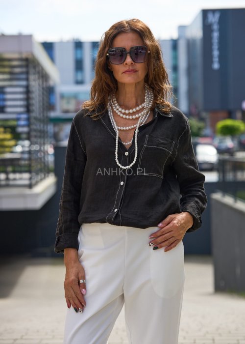 Czarna koszula lniana damska z długim rękawem i kieszenią, oversize, naturalny materiał