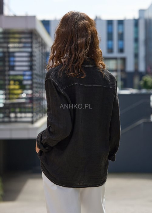 Czarna koszula lniana damska z długim rękawem i kieszenią, oversize, naturalny materiał