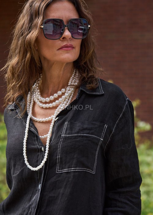 Czarna koszula lniana damska z długim rękawem i kieszenią, oversize, naturalny materiał