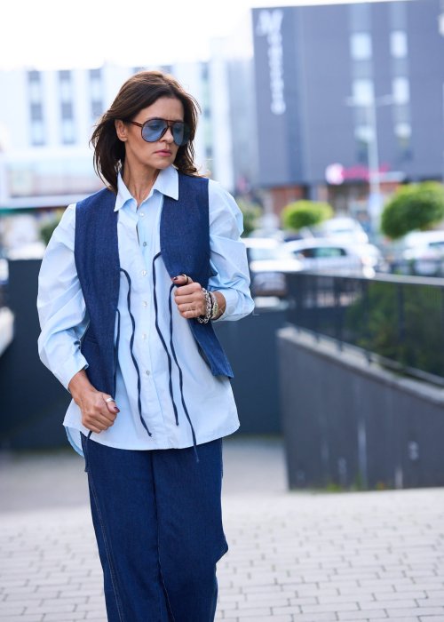 Jeansowa kamizelka damska z wiązaniem z przodu w stylu retro casual