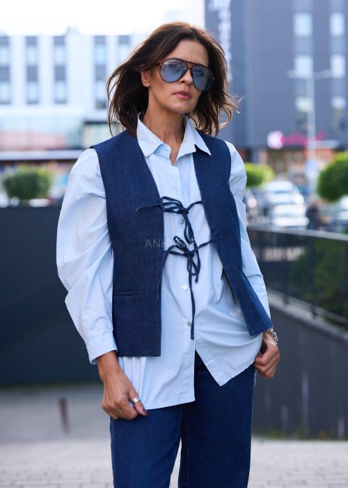 Jeansowa kamizelka damska z wiązaniem z przodu w stylu retro casual