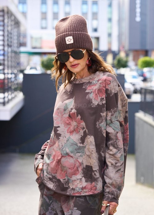 Brązowa czapka damska zimowa beanie z naszywką i uśmiechem, ciepła dzianina, moda uliczna