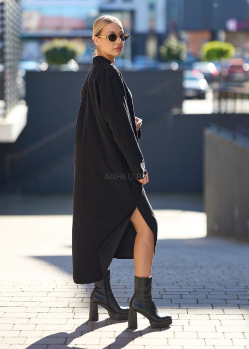 Czarna sukienka koszulowa z długim rękawem i rozcięciem po boku, oversize, z naturalnej tkaniny