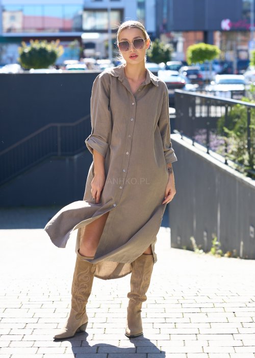 sukienka koszulowa w kolorze taupe, z rozcięciem i długim rękawem, o luźnym kroju