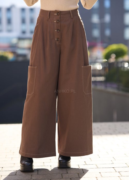 Brązowe spodnie typu wide leg z wysokim stanem