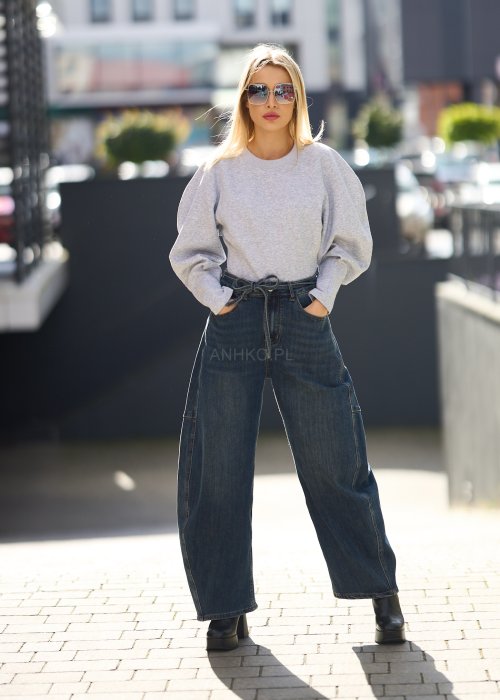Jeansy damskie z szeroką nogawką i wysokim stanem, w stylu vintage, z wiązaniem w pasie i kieszeniami po bokach