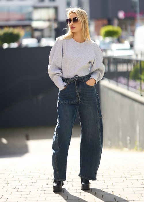 Jeansy damskie z szeroką nogawką i wysokim stanem, w stylu vintage, z wiązaniem w pasie i kieszeniami po bokach