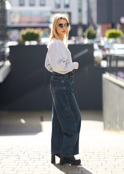 Jeansy damskie z szeroką nogawką i wysokim stanem, w stylu vintage, z wiązaniem w pasie i kieszeniami po bokach