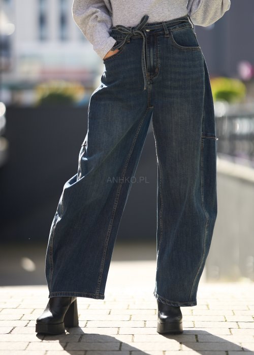 Jeansy damskie z szeroką nogawką i wysokim stanem, w stylu vintage, z wiązaniem w pasie i kieszeniami po bokach