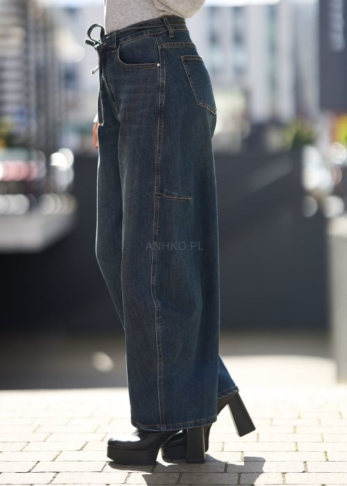 Jeansy damskie z szeroką nogawką i wysokim stanem, w stylu vintage, z wiązaniem w pasie i kieszeniami po bokach