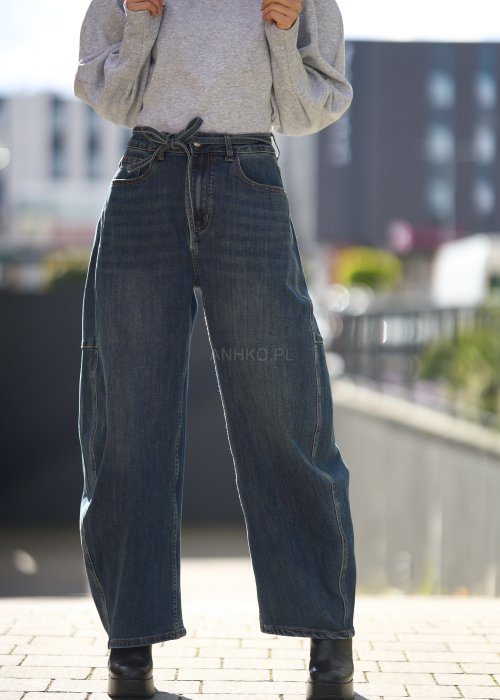 Jeansy damskie z szeroką nogawką i wysokim stanem, w stylu vintage, z wiązaniem w pasie i kieszeniami po bokach