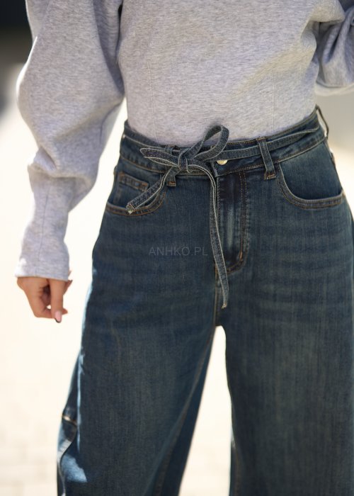 Jeansy damskie z szeroką nogawką i wysokim stanem, w stylu vintage, z wiązaniem w pasie i kieszeniami po bokach