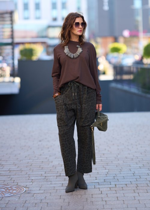 Damskie spodnie z kieszeniami w panterkę, w kolorze khaki, z elastycznym pasem i sznurkiem w talii, styl casual