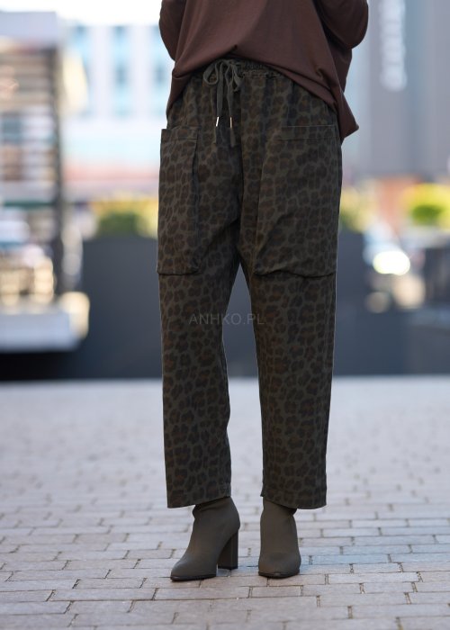Damskie spodnie z kieszeniami w panterkę, w kolorze khaki, z elastycznym pasem i sznurkiem w talii, styl casual