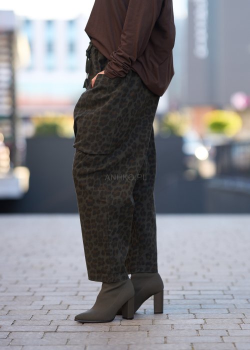 Damskie spodnie z kieszeniami w panterkę, w kolorze khaki, z elastycznym pasem i sznurkiem w talii, styl casual