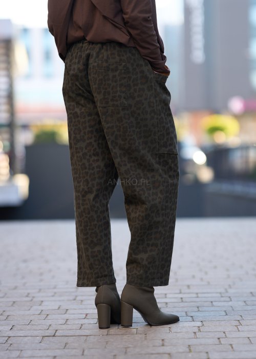Damskie spodnie z kieszeniami w panterkę, w kolorze khaki, z elastycznym pasem i sznurkiem w talii, styl casual
