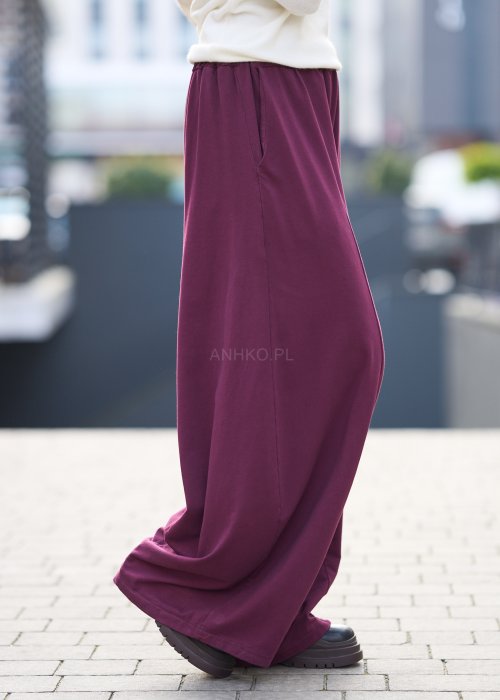 Śliwkowe spodnie damskie o szerokich nogawkach z elastyczną talią, luźny fason w nowoczesnej stylizacji miejskiej.