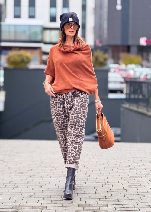 Damskie spodnie w panterkę z kieszeniami i wiązaniem w pasie, luźny krój casual