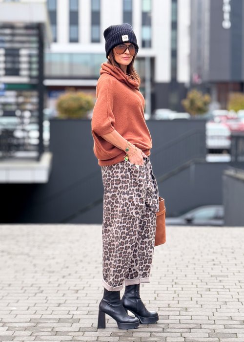 Damskie spodnie w panterkę z kieszeniami i wiązaniem w pasie, luźny krój casual