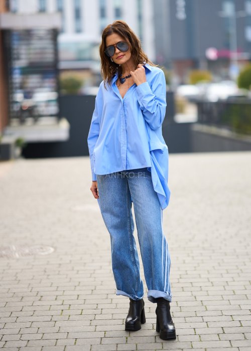 Bawełniana Koszula Damska Night Niebieska gładka oversize z przedłużanym tyłem i długimi rękawami