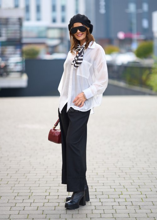 Bawełniana Koszula Damska Oversize Princess jednolita biała z kołnierzykiem i długim rękawem