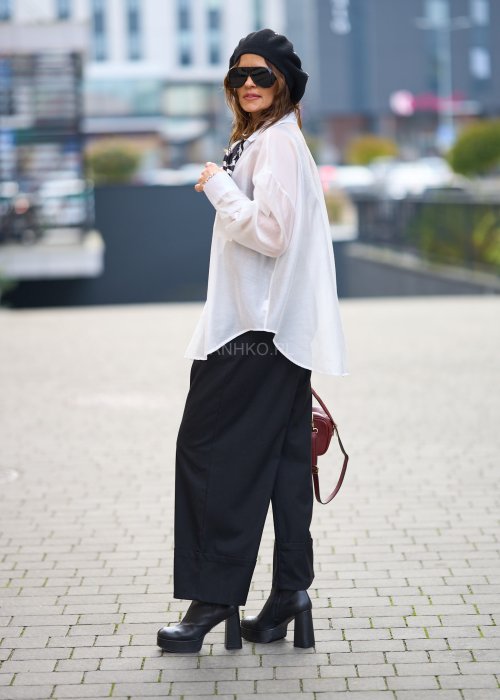 Bawełniana Koszula Damska Oversize Princess jednolita biała z kołnierzykiem i długim rękawem