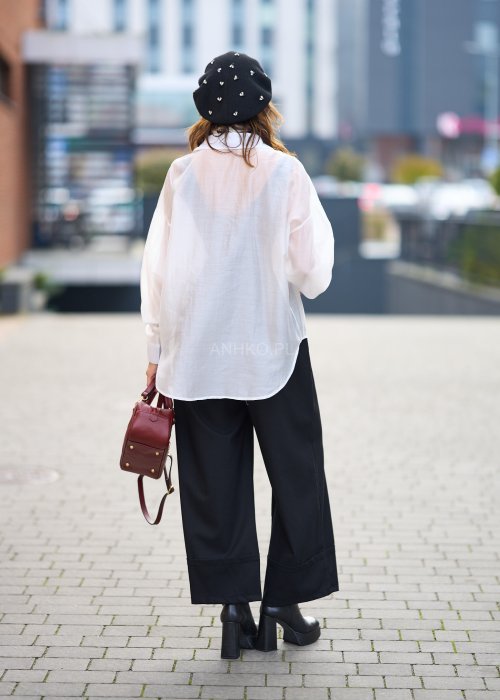 Bawełniana Koszula Damska Oversize Princess jednolita biała z kołnierzykiem i długim rękawem