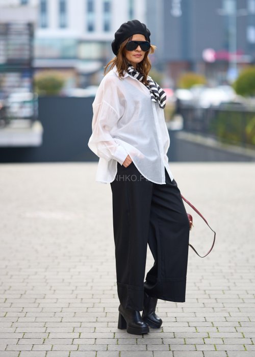 Bawełniana Koszula Damska Oversize Princess jednolita biała z kołnierzykiem i długim rękawem