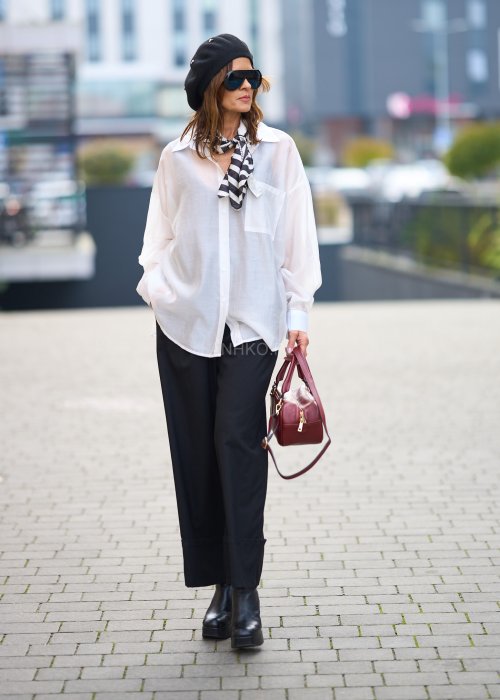 Bawełniana Koszula Damska Oversize Princess jednolita biała z kołnierzykiem i długim rękawem