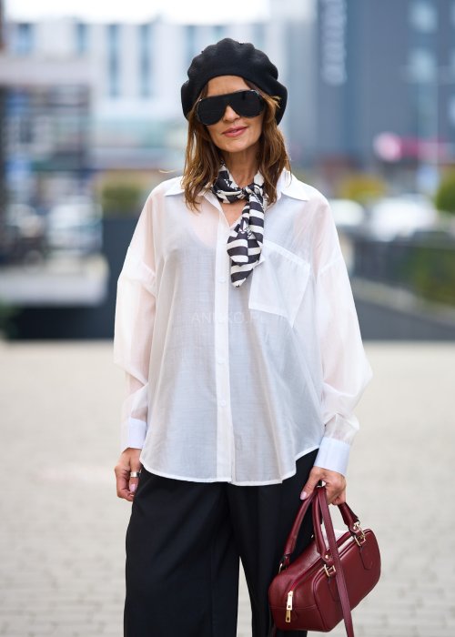 Bawełniana Koszula Damska Oversize Princess jednolita biała z kołnierzykiem i długim rękawem