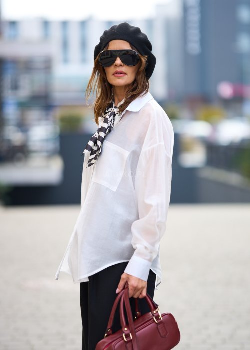 Bawełniana Koszula Damska Oversize Princess jednolita biała z kołnierzykiem i długim rękawem