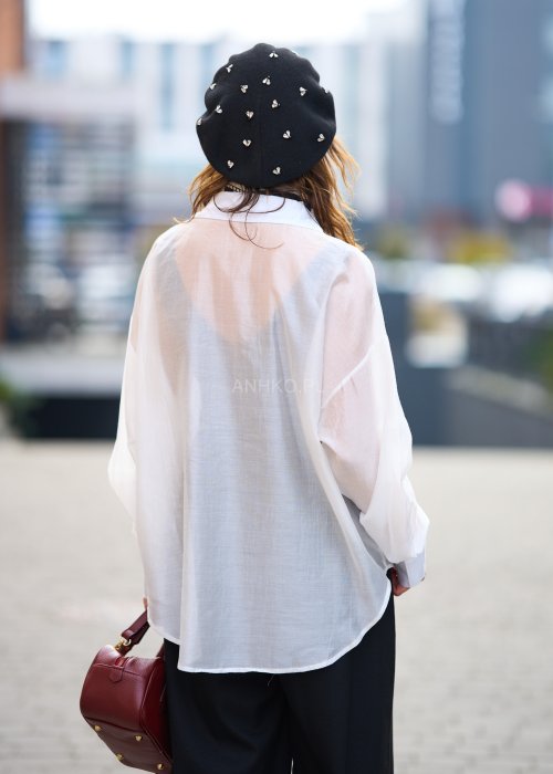 Bawełniana Koszula Damska Oversize Princess jednolita biała z kołnierzykiem i długim rękawem