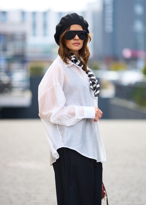 Bawełniana Koszula Damska Oversize Princess jednolita biała z kołnierzykiem i długim rękawem