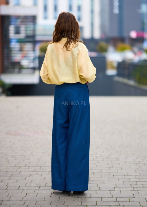 Matowe spodnie damskie Rous jednolite granatowe wide-leg z wysokim stanem i delikatnymi zakładkami z przodu