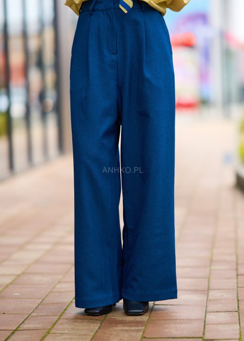 Matowe spodnie damskie Rous jednolite granatowe wide-leg z wysokim stanem i delikatnymi zakładkami z przodu