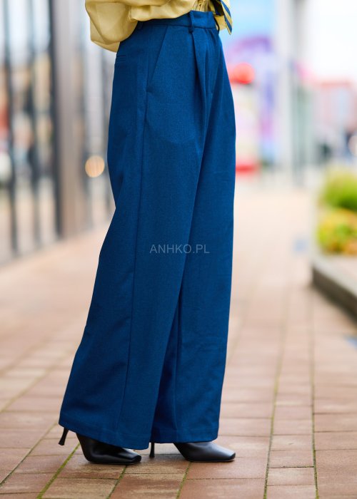 Matowe spodnie damskie Rous jednolite granatowe wide-leg z wysokim stanem i delikatnymi zakładkami z przodu
