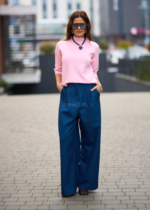 Matowe spodnie damskie Rous jednolite granatowe wide-leg z wysokim stanem i delikatnymi zakładkami z przodu