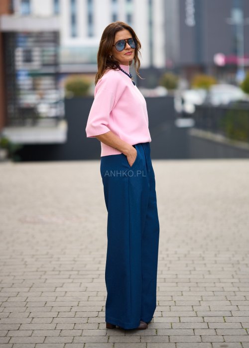 Matowe spodnie damskie Rous jednolite granatowe wide-leg z wysokim stanem i delikatnymi zakładkami z przodu