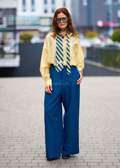 Lekka koszula damska Oversize Princess pastelowy żółty oversize z kołnierzykiem i długim rękawem