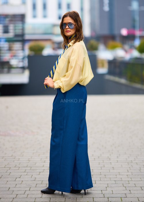 Lekka koszula damska Oversize Princess pastelowy żółty oversize z kołnierzykiem i długim rękawem