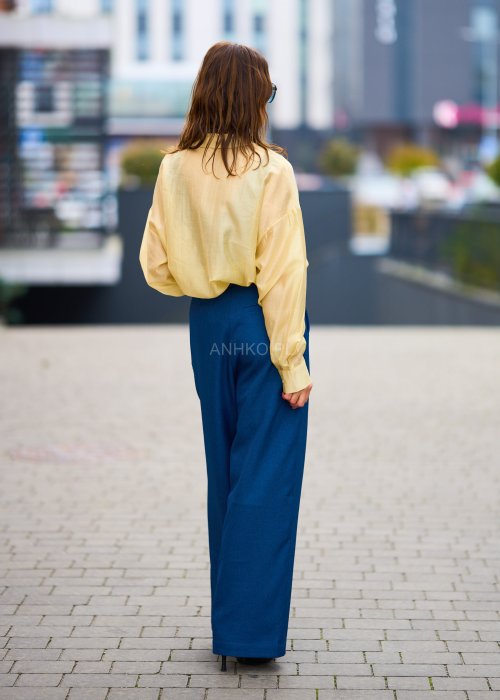 Lekka koszula damska Oversize Princess pastelowy żółty oversize z kołnierzykiem i długim rękawem