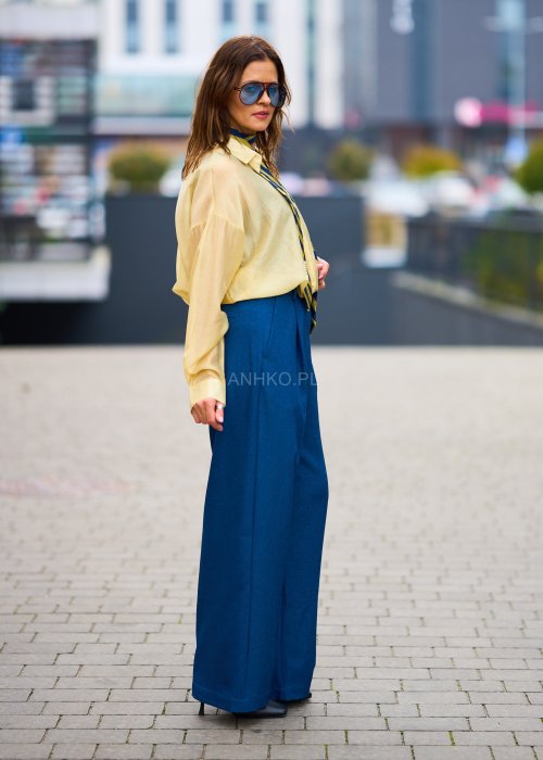 Lekka koszula damska Oversize Princess pastelowy żółty oversize z kołnierzykiem i długim rękawem