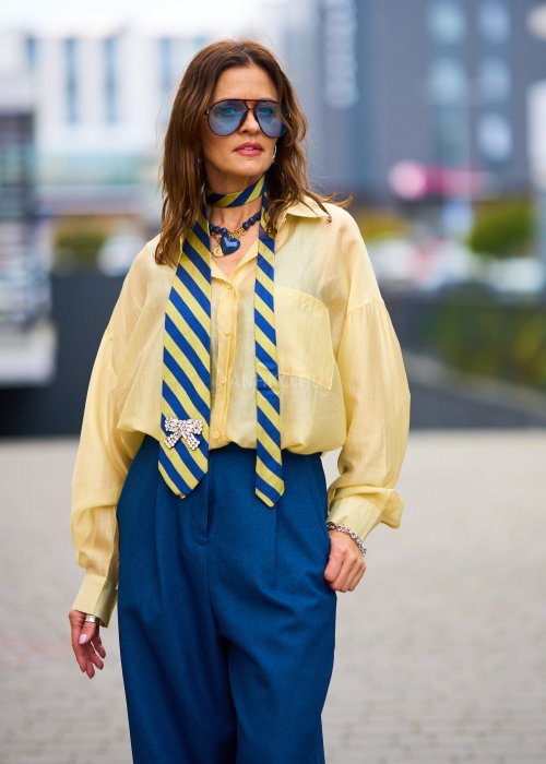 Lekka koszula damska Oversize Princess pastelowy żółty oversize z kołnierzykiem i długim rękawem