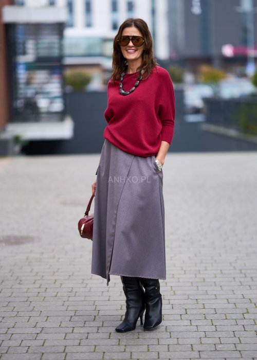 Matowa elegancka spódnica damska Tokio Midi w chłodnym odcieniu szarości o trapezowym kroju z zakładką