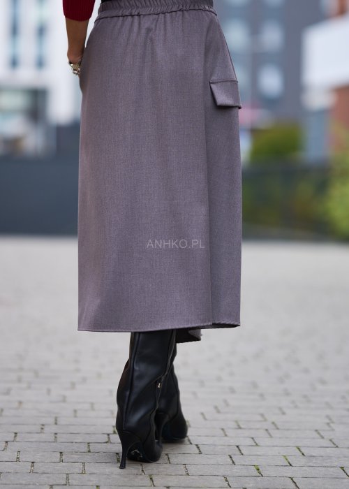 Matowa elegancka spódnica damska Tokio Midi w chłodnym odcieniu szarości o trapezowym kroju z zakładką