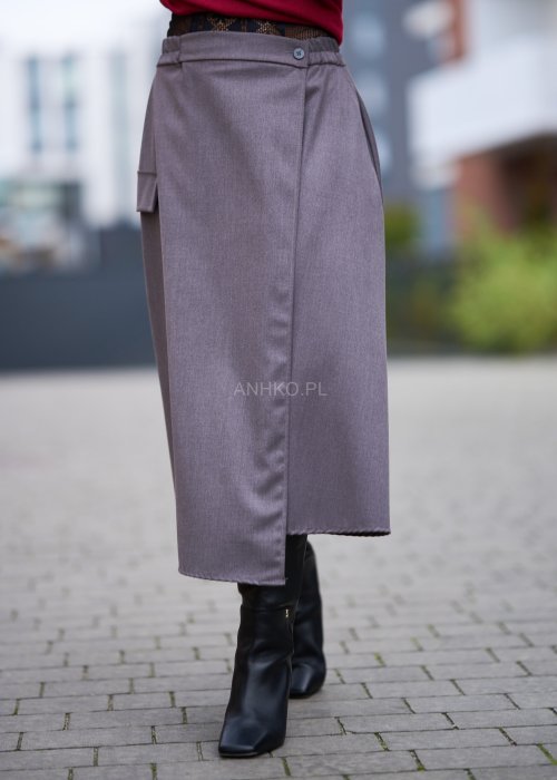 Matowa elegancka spódnica damska Tokio Midi w chłodnym odcieniu szarości o trapezowym kroju z zakładką