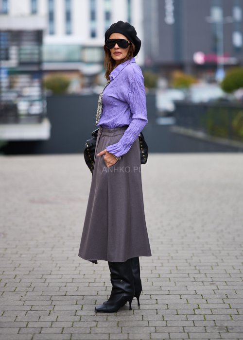 Matowa elegancka spódnica damska Tokio Midi w chłodnym odcieniu szarości o trapezowym kroju z zakładką